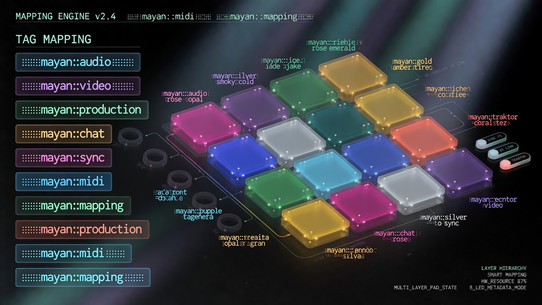 Mapping Engine tag map: mayan audio, video, production, chat, sync, MIDI and mapping on a 16-pad surface