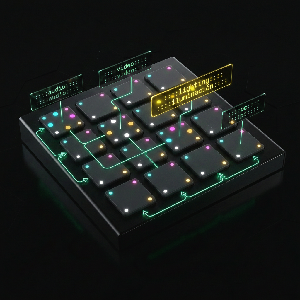 16-pad grid routing live gestures to audio, video, lighting and PC