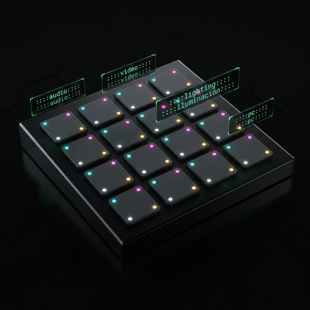 16-pad grid with holographic audio, video, lighting and PC tags